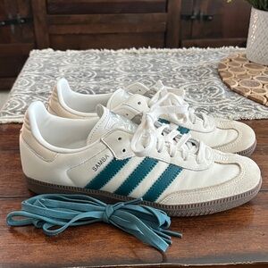 Adidas Samba White and Teal Striped Shoes